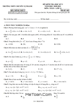 Đề thi học kỳ 1 Toán 11 năm 2020 - 2021 trường THPT chuyên Vị Thanh - Hậu Giang
