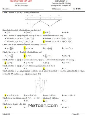 Đề Thi Giữa Kì 1 Toán 12 Năm 2023 - 2024 Trường THPT Yên Viên - Hà Nội