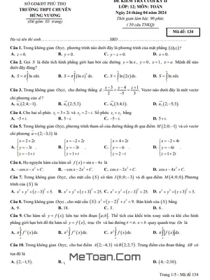 Đề thi cuối kỳ 2 Toán 12 năm 2023 - 2024 trường THPT chuyên Hùng Vương - Phú Thọ