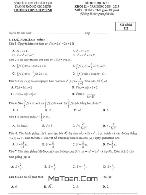 Đề thi HK2 Toán 12 năm 2018 - 2019 trường THPT Hiệp Bình - TP HCM