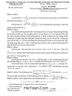 Đề thi chọn học sinh giỏi tỉnh Toán 12 năm 2020 Sở GD&ĐT Quảng Ninh