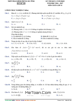 Đề thi HK2 Toán 11 năm học 2016 - 2017 trường THPT Phan Đình Phùng - Hà Tĩnh