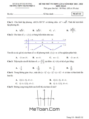 Đề thi thử Toán TN THPT lần 4 năm 2021 - 2022 trường Thanh Miện 2 - Hải Dương