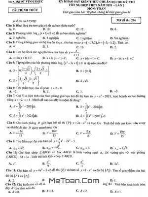 Đề thi thử THPT Quốc gia 2021 môn Toán lần 2 - Sở GD&ĐT Vĩnh Phúc (có đáp án)