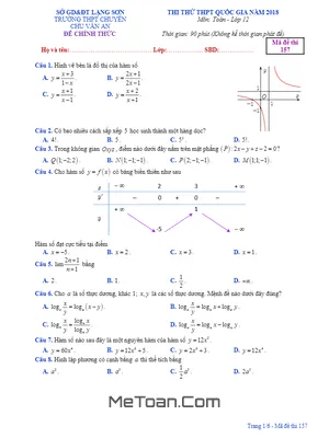 Đề Thi Thử Toán THPTQG 2018 Trường THPT Chuyên Chu Văn An - Lạng Sơn