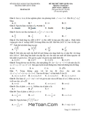 Đề thi thử THPT Quốc gia môn Toán 2017 trường THPT DTNT Thanh Hóa