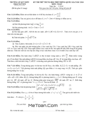 Đề thi thử THPT Quốc gia 2016 môn Toán trường Lê Quý Đôn - Thái Nguyên