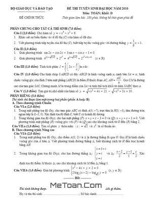 Đề thi và đáp án môn Toán khối D năm 2010 - Tuyển sinh Đại học