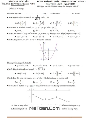 12 Mã đề thi khảo sát lần 3 Toán 10 năm 2022 – 2023 trường THPT Triệu Quang Phục – Hưng Yên