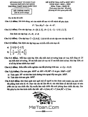 Đề Thi Giữa Học Kì 1 Toán 10 Năm 2022 - 2023 Trường THPT Đào Sơn Tây - TP HCM