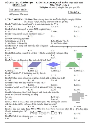 Đề thi học kì 1 Toán lớp 6 năm 2021 - 2022 sở GD&ĐT Quảng Nam