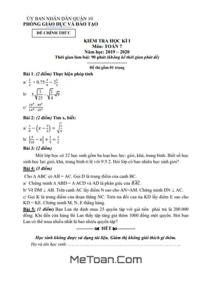 Đề thi học kỳ 1 Toán 7 năm 2019 - 2020 phòng GD&ĐT Quận 10 - TP HCM