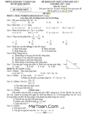 Đề khảo sát chất lượng học kỳ 1 Toán 8 năm 2017 - 2018 phòng GD&ĐT Bảo Thắng - Lào Cai
