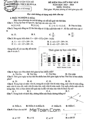 Đề thi giữa kì 2 Toán lớp 6 năm 2023 - 2024 trường THCS Xuân La - Hà Nội