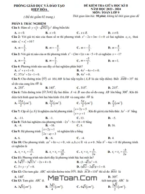 Đề giữa học kì 2 Toán 9 năm 2023 – 2024 phòng GD&ĐT Hiệp Hòa – Bắc Giang