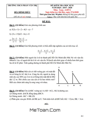 Đề thi học kì 2 Toán 8 năm 2019 - 2020 trường THCS Phan Văn Trị - TP HCM (có đáp án)