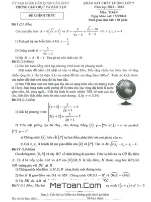 Đề khảo sát chất lượng Toán 9 năm 2023 – 2024 phòng GD&ĐT Cầu Giấy – Hà Nội