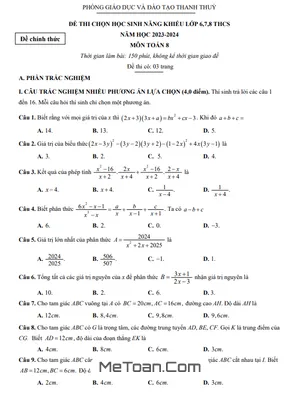 Đề thi chọn học sinh năng khiếu Toán 8 năm 2023 - 2024 phòng GD&ĐT Thanh Thủy - Phú Thọ