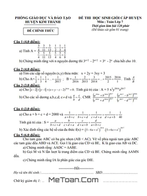Đề thi học sinh giỏi huyện môn Toán lớp 7 năm 2016 - 2017 phòng GD&ĐT Kim Thành - Hải Dương