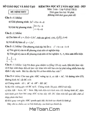 Đề kiểm tra học kỳ 2 Toán 9 năm 2022 - 2023 Sở GD&ĐT Bình Dương