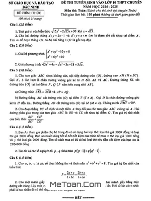 Đề thi tuyển sinh lớp 10 chuyên Toán Bắc Ninh năm 2024 - 2025