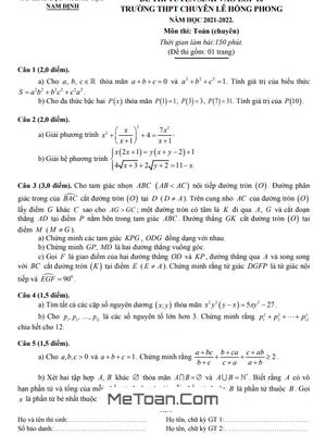 Đề thi vào 10 môn Toán (chuyên) năm 2021 - 2022 trường chuyên Lê Hồng Phong - Nam Định