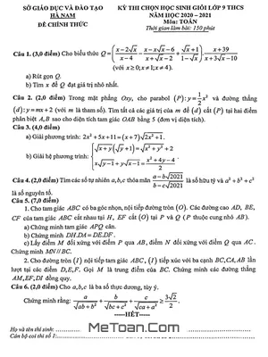 Đề thi HSG Toán 9 năm 2020 - 2021 Sở GD&ĐT Hà Nam