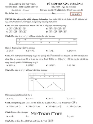 Đề kiểm tra Toán 12 năm 2024 - 2025 trường THCS&THPT Nguyễn Khuyến - TP HCM (27/08/2024)