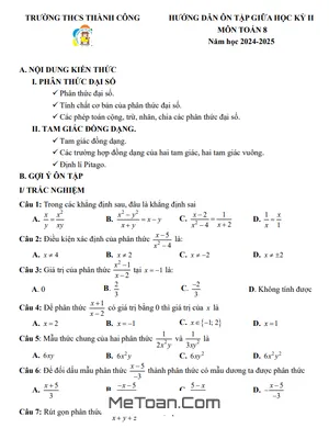 Ôn Tập Giữa Kỳ 2 Toán 8 Năm 2024 - 2025 Trường THCS Thành Công - Hà Nội