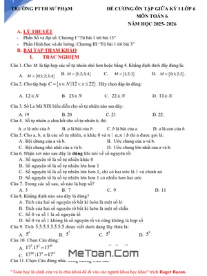 Đề Cương Ôn Tập Giữa Kì 1 Toán 6 Năm Học 2025 – 2026 (Mới Nhất) - Trường PT Thực Hành Sư Phạm, Đồng Nai
