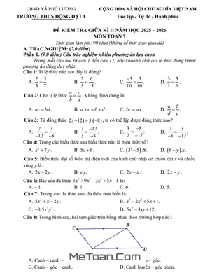 Đề Kiểm Tra Giữa Học Kỳ 2 Toán 7 Năm 2025-2026 THCS Động Đạt 1, Thái Nguyên Kèm Lời Giải
