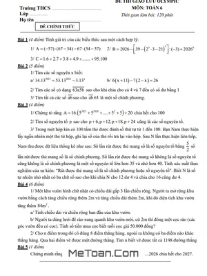 Đề Thi Giao Lưu Olympic Toán Lớp 6 Năm Học 2025-2026 Cụm Trường THCS Hà Nội Kèm Đáp Án Chi Tiết