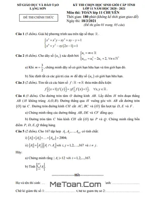 Đề thi học sinh giỏi cấp tỉnh môn Toán 11 chuyên năm 2020-2021 - Sở GD&ĐT Lạng Sơn