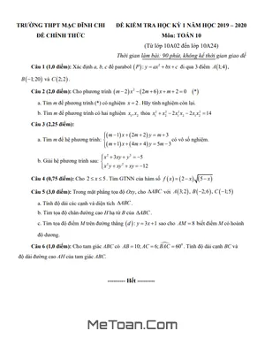 Đề thi HK1 Toán 10 năm 2019 - 2020 trường THPT Mạc Đĩnh Chi - TP. HCM