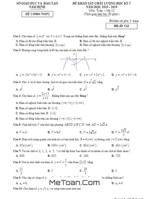 Đề thi học kỳ 1 Toán 12 năm học 2018 - 2019 sở GD&ĐT Nam Định