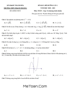 Đề KSCL Toán 12 Lần 1 Năm 2020 - 2021 Trường Thạch Thành 1 - Thanh Hóa