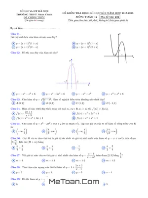 Đề thi học kì 1 lớp 12 môn Toán năm 2017-2018 trường THPT Nhân Chính - Hà Nội - Có đáp án