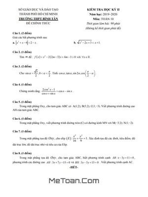 Đề thi học kì 2 Toán 10 năm 2019 - 2020 trường THPT Bình Tân - TP HCM có lời giải