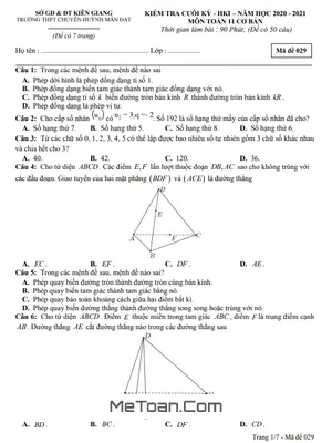 Đề thi HK1 Toán 11 cơ bản năm 2020 – 2021 trường chuyên Huỳnh Mẫn Đạt – Kiên Giang