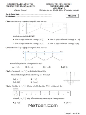 Đề Thi Giữa Kì 1 Toán 12 Năm 2023 - 2024 Trường THPT Trần Văn Quan - BR VT