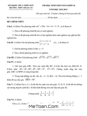 Đề thi HSG Toán 10 năm 2012 - 2013 trường THPT Thuận An - TT Huế (có đáp án)