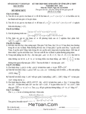 Đề thi chọn học sinh giỏi tỉnh Toán 12 năm 2020 - 2021 sở GD&ĐT Hải Dương