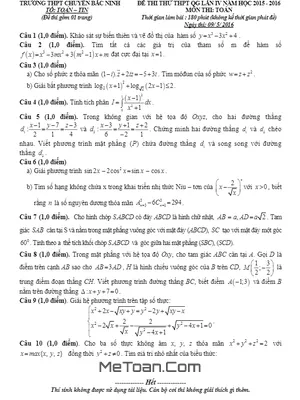 Đề thi thử THPT Quốc gia môn Toán trường chuyên Bắc Ninh lần 4 năm 2016 có đáp án