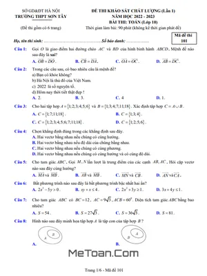 Đề thi KSCL Toán 10 lần 1 năm 2022 – 2023 trường THPT Sơn Tây – Hà Nội
