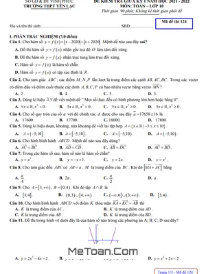 Đề thi giữa kỳ 1 Toán 10 năm 2021 - 2022 trường THPT Yên Lạc - Vĩnh Phúc (có đáp án)