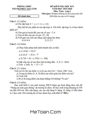 Đề thi cuối kì 1 Toán lớp 6 năm 2019 - 2020 phòng GD&ĐT TP Cao Lãnh - Đồng Tháp