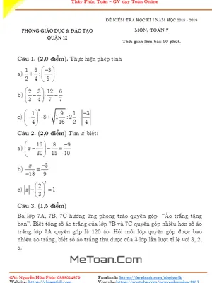 Đề thi học kỳ 1 Toán 7 năm học 2018 - 2019 phòng GD&ĐT Quận 12 - TP. HCM