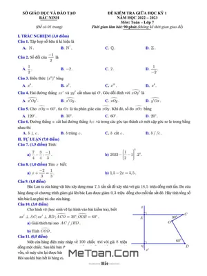 Đề thi giữa kì 1 Toán 7 năm 2022 - 2023 sở GD&ĐT Bắc Ninh