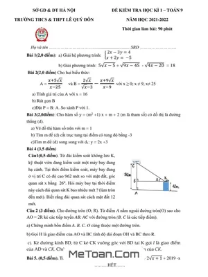 Đề thi HK1 Toán 9 năm 2021 - 2022 trường THCS & THPT Lê Quý Đôn - Hà Nội