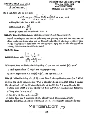 Đề giữa kì 2 Toán 9 năm 2023 - 2024 trường THCS Cầu Giấy - Hà Nội